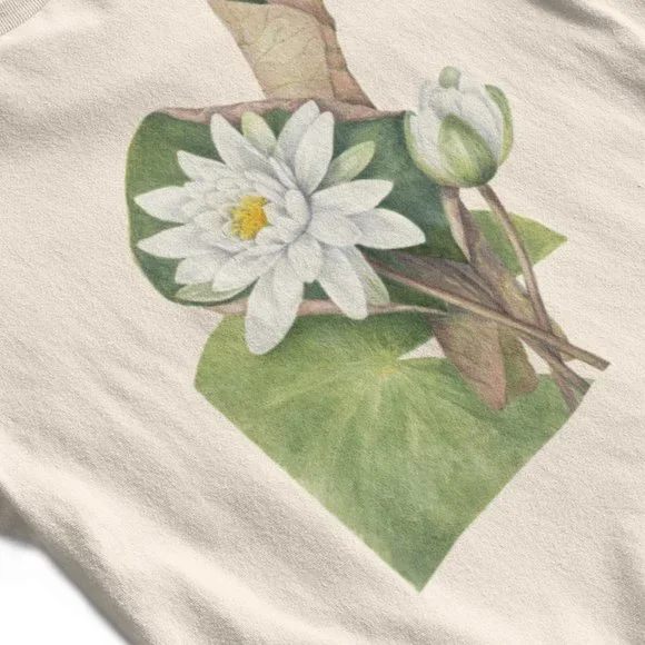 American White Waterlily Floral Print Long Sleeve Graphic Tee T-shirt S M L XL - Picture 5 of 6